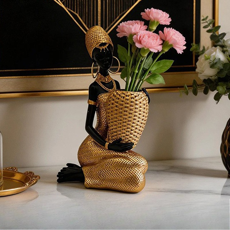 Resin Art For Anniversary Gift - Resin African Woman Holding Vase Statue