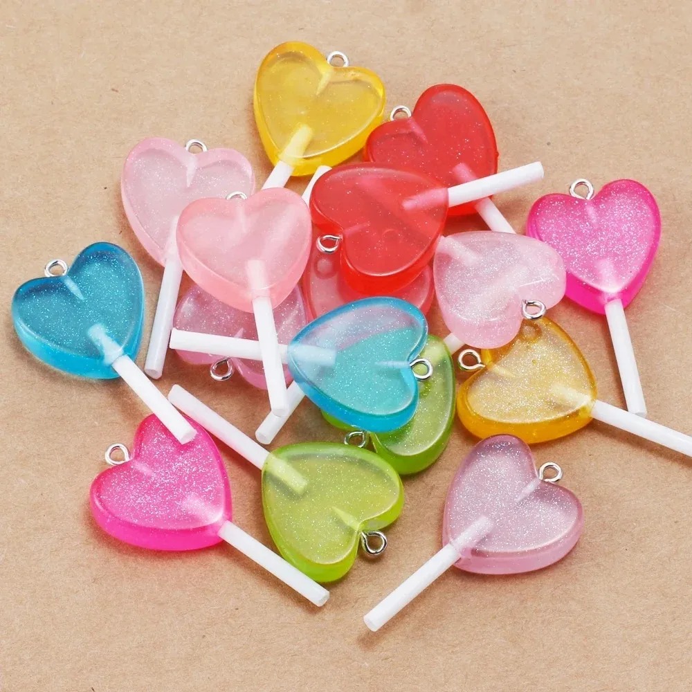 Resin Art Materials Kit - 10Pcs Kawaii Sparkly Heart Lollipop Resin